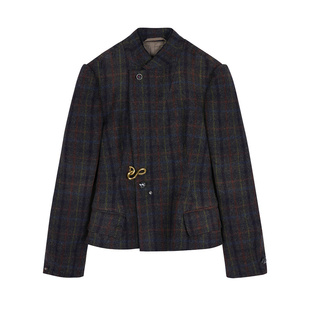 JNBY/江南布衣秋冬毛呢西装外套女复古格纹修身立领收腰通勤西服