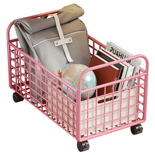 文件架文件夹置物架金属零食置物架滑轮收纳筐带轮铁艺书立架书包收纳架办公室工位资料架放书小推车桌下书箱