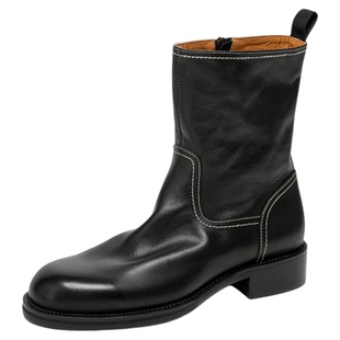 BeauToday真皮短筒靴女款BT粗跟短靴子春季黑色靴子女靴时装靴