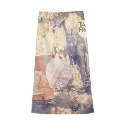 Desigual25秋冬新品麂皮感手绘拼贴插画印花直筒中长款半身裙