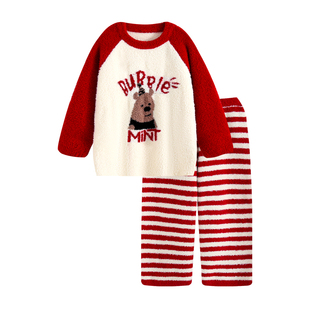 睡衣女秋冬季软绵绵圣诞新年撞色条纹半边绒加厚法兰绒家居服套装