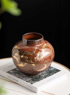 新中式复古霁红釉陶瓷花瓶宋代美学花器中古玄关客厅软装饰品摆件