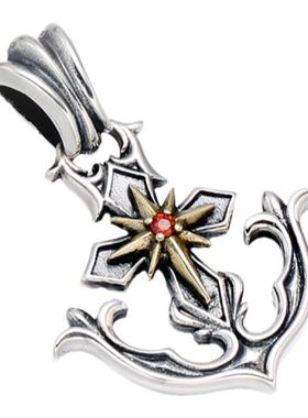 通体S925纯银日韩潮流镶红钻船锚吊坠男女款泰银复古时尚项链挂坠