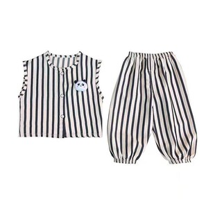 儿童纯棉背心套装夏季宽松款男童女宝宝长裤中小童运动两件套条纹