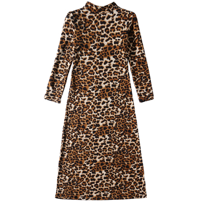 豹纹半高领修身性感连衣裙