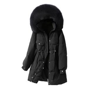 羽绒服女中长款黑色狐狸毛领收腰连帽韩版小个子冬新款白鸭绒外套