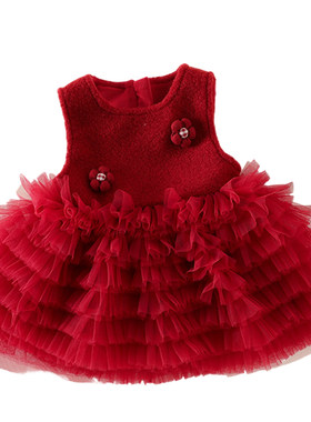 女童冬装加绒加厚背心裙冬季红色拜年服婴幼儿公主连衣裙周岁礼服