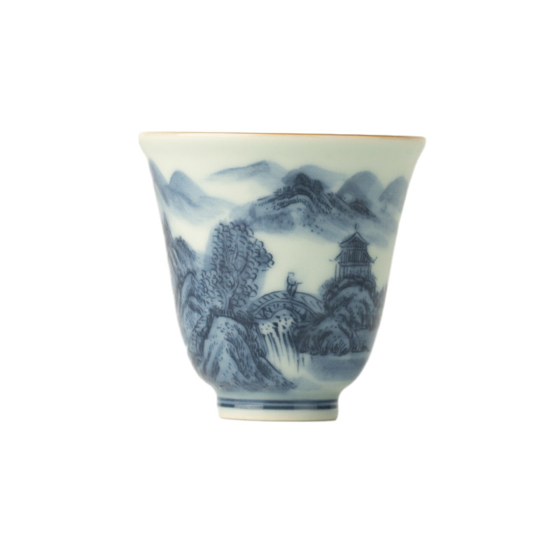 三勤堂手绘青花山水花神单杯茶杯