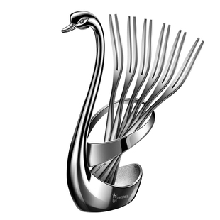 天鹅造型收纳座316L水果叉套装不锈钢水果签高档餐具高颜值摆件