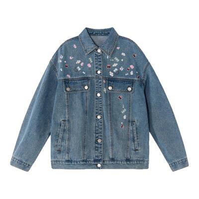 笛莎2026春新款青少年初高中女生宽松短款贴纸印花学院风牛仔外套