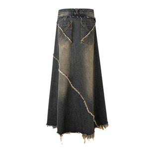 BEALLKABUTO水洗做旧重工复古牛仔半身裙毛边伞型A字裙牛仔裙女款