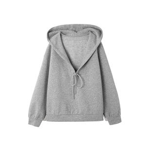 时然大码系带连帽卫衣微胖mm灰色V领上衣春季新品套装休闲服女装