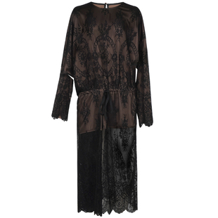 superr 蕾丝多穿法腰间抽绳不对称设计圆领长袖薄纱秋季连衣裙女