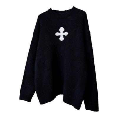 保暖宽松黑色针织衫加厚十字花