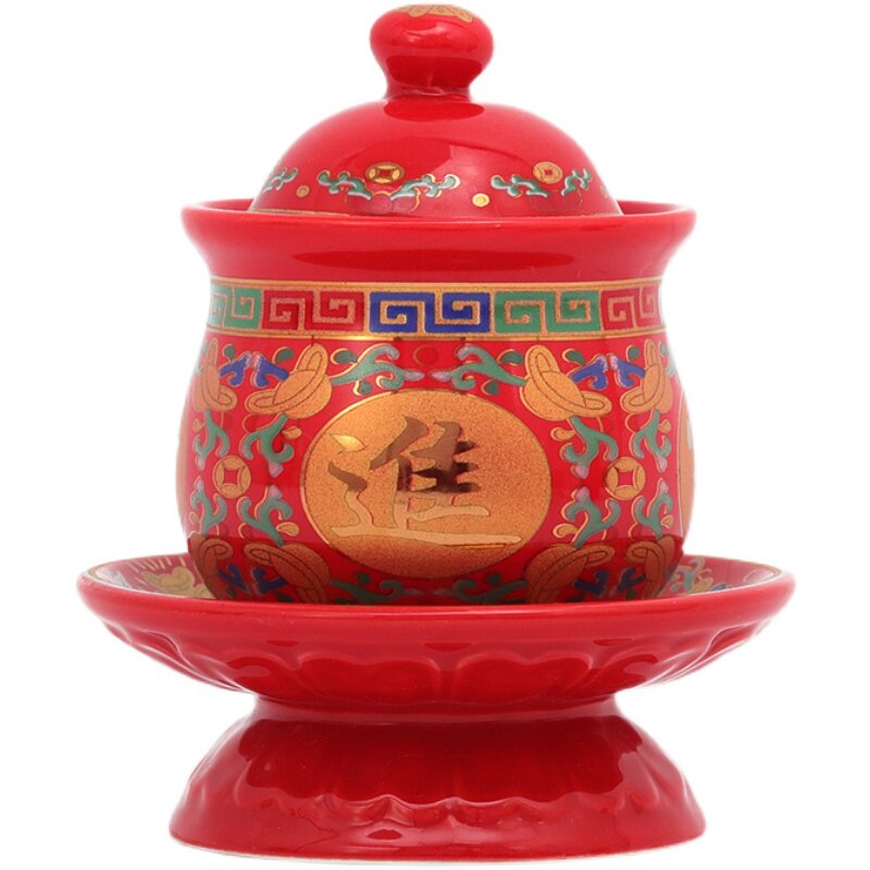 佛堂用品陶瓷佛前经文供水杯莲花供佛杯圣水杯唐彩水杯观音净水杯