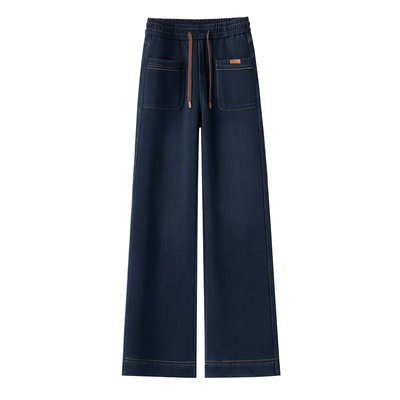 松紧腰大码直筒加绒加厚牛仔裤女冬季2025新款窄版阔腿裤显瘦裤子