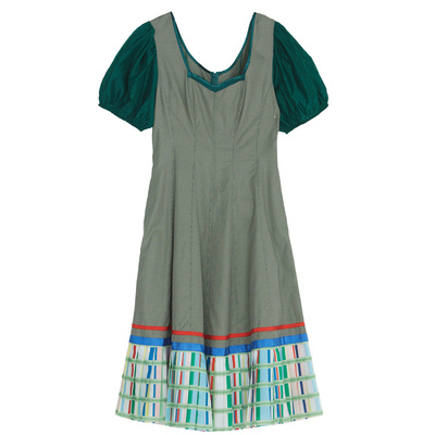 谜底短袖纯棉连衣裙2022夏款复古泡泡袖收腰显瘦中长裙222ML0607