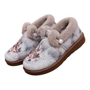 刺绣布面低帮老北京棉鞋加绒加厚保暖软底中老年妈妈鞋女毛毛布鞋