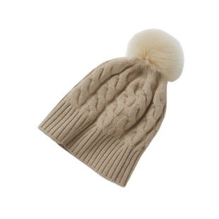 出口订单秋冬季山羊绒针织帽子女加厚绞花狐狸毛球护耳毛线帽时尚