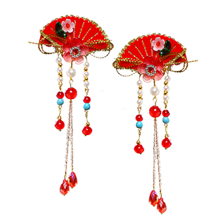 红色扇子儿童新年发饰汉服头饰女童拜年服古风流苏发夹蝴蝶结发卡