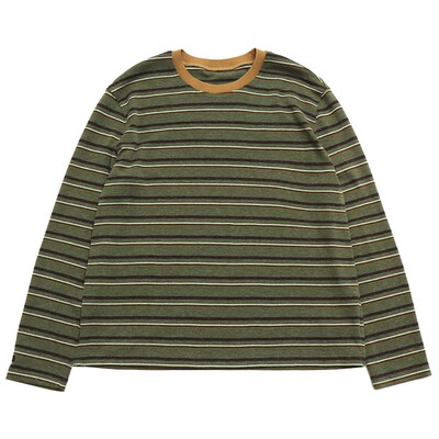 鹿与飞鸟“抹茶千层”宽松磨毛针织复古撞色条纹叠搭打底T恤7252