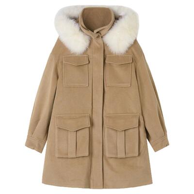 连帽长款宽松毛呢外套大衣