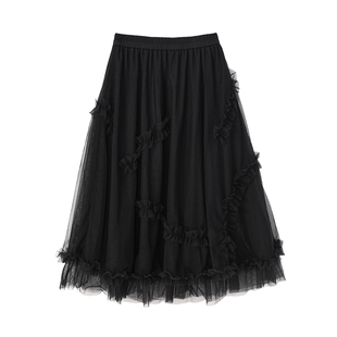 VIEA.ING薇迎黑色半身裙女2025初秋新款休闲木耳边半裙半身纱裙