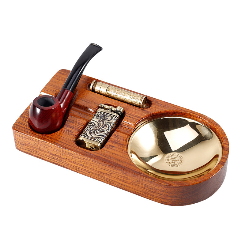 JIFENG季风实木烟斗架套装斜火打火机压棒纯铜雪茄烟缸醒草盘烟托