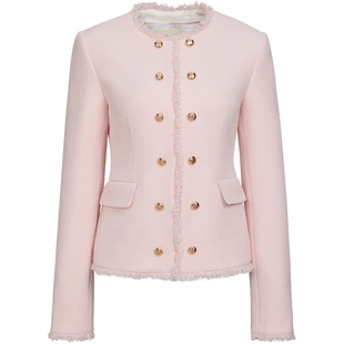 宝姿PORTSPURE女装2026早春新品饰金扣毛边修身香风短外套