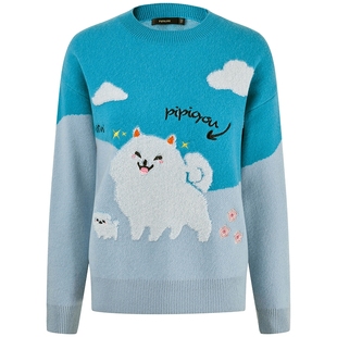 皮皮狗秋冬圆领芝麻点纯羊绒衫女针织双色拼接套头上衣