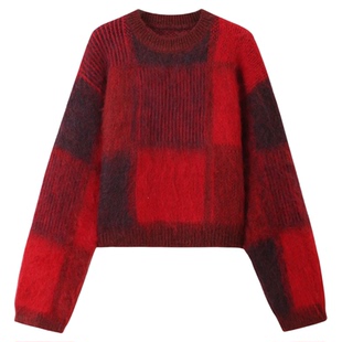 骄阳似我赵今麦聂曦光同款红色格子毛衣加厚针织衫短款过新年上衣