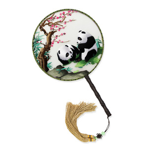 湘绣扇子精品 熊猫 牡丹 手工刺绣 双面绣团扇礼物圆形工艺礼品