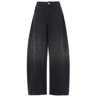 拉夏贝尔黑色满天星烫钻牛仔裤女春秋2026新款爆闪带钻阔腿弯刀裤