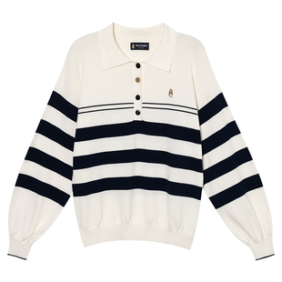 【新年马上旺】暇步士女装休闲条纹针织衫秋季撞色宽松翻领上衣女