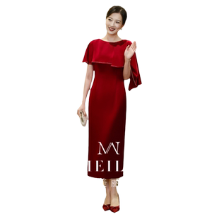 妈妈装婚宴礼服酒红色高级感洋气缎面参加婚礼喜婆婆礼服年轻显瘦
