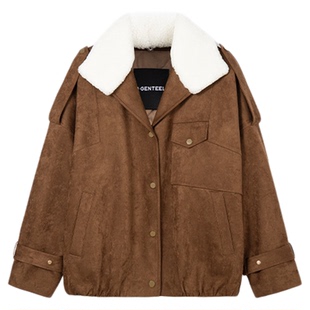 H·GENTEEL荷高2025冬新款复古仿麂皮羊羔毛领鹅绒羽绒服