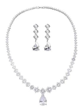 粉白水滴奢华渐变满钻项链耳钉