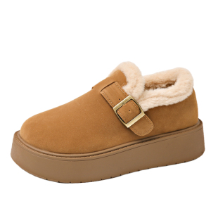 厚底勃肯鞋女款2025冬季新款一脚蹬休闲真皮小皮鞋加绒保暖博肯鞋