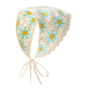 法式复古针织手工多巴胺三角巾出游甜美可爱钩花田园风头巾女头饰