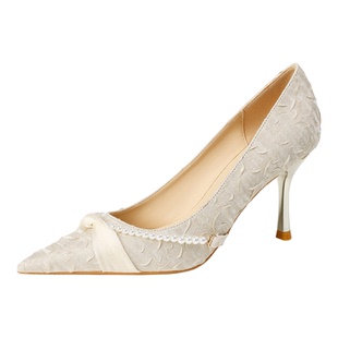 宽脚高跟鞋气质细跟尖头浅口串珠不累脚大码单鞋女前脚掌加宽女鞋