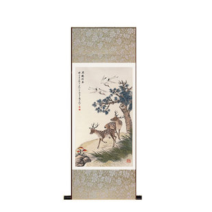 定做丝绸卷轴挂画 花鸟画贺寿图鹿鹤同春祝寿 玄关中堂画国画礼品