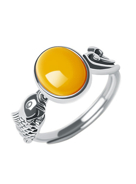 宫里上新福鲤聚财天然蜜蜡戒指