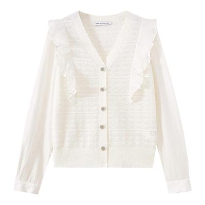 水云间白色v领毛针织开衫外套女显瘦拼接时尚长袖上衣2025春新款