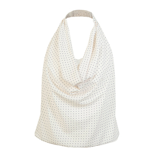 Call it a day 白色波点挂脖荡领上衣女拼蕾丝修身露背无袖背心夏