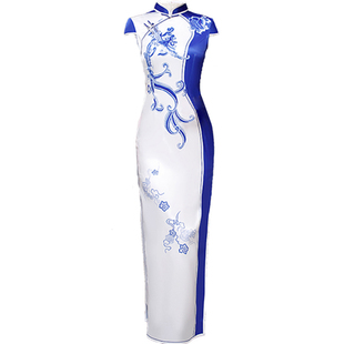 新中式青花瓷旗袍连衣裙长2026年新款改良走秀演出年轻款气质高端