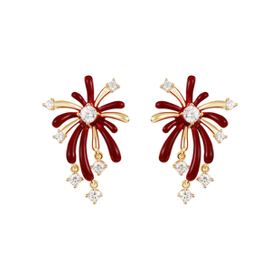 酒红色精致烟花镶钻耳钉女2025新款爆款耳夹高级感耳饰纯银针耳环
