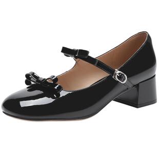 热风粗跟玛丽珍鞋女鞋2025夏季新款纯色休闲浅口单鞋通勤百搭鞋子