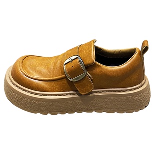 英伦风复古厚底休闲鞋2025秋冬男士加绒扣带装饰增高一脚蹬勃肯鞋