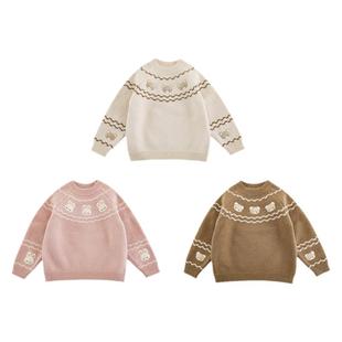 幼悠女童刺绣提花玩偶毛衣2025冬季罗纹织边保暖抗寒插肩袖上衣潮