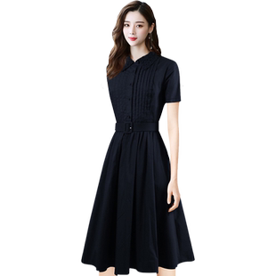 时尚连衣裙夏2026淑女文艺小翻领修身显瘦大码气质衬衣裙子中长款